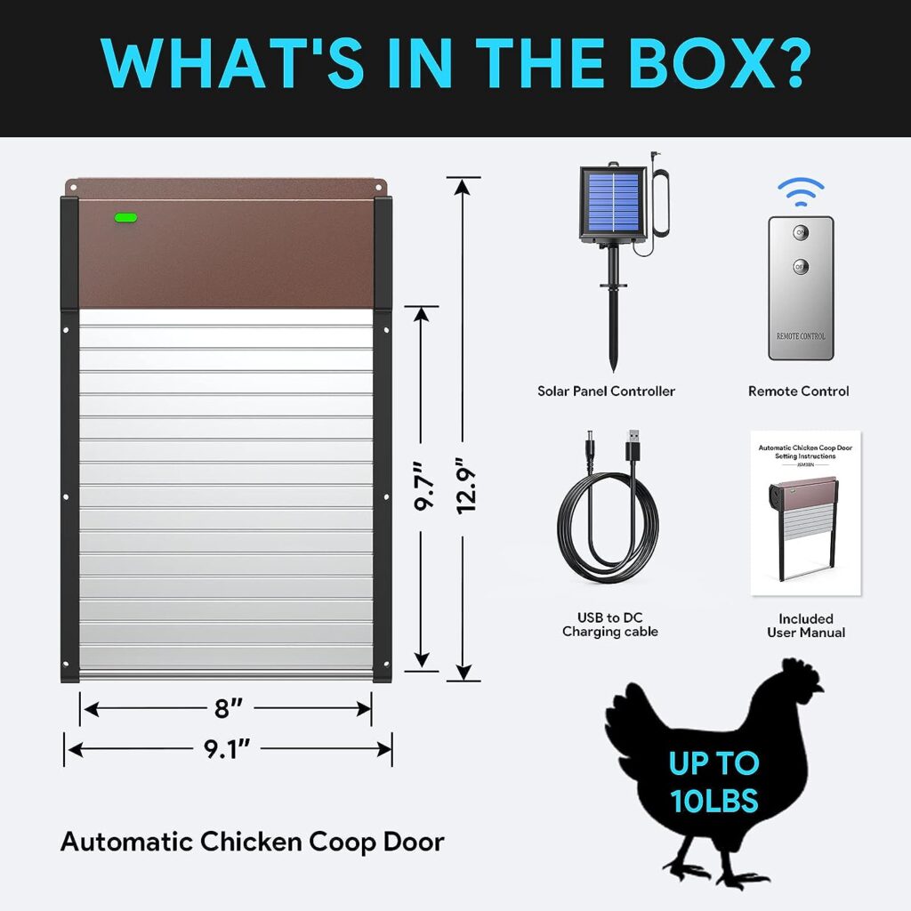 Automatic Chicken Coop Door Opener - Solar Powered, Timer  Light Sensor Modes, Remote Control, and Aluminum Chicken Coops Door