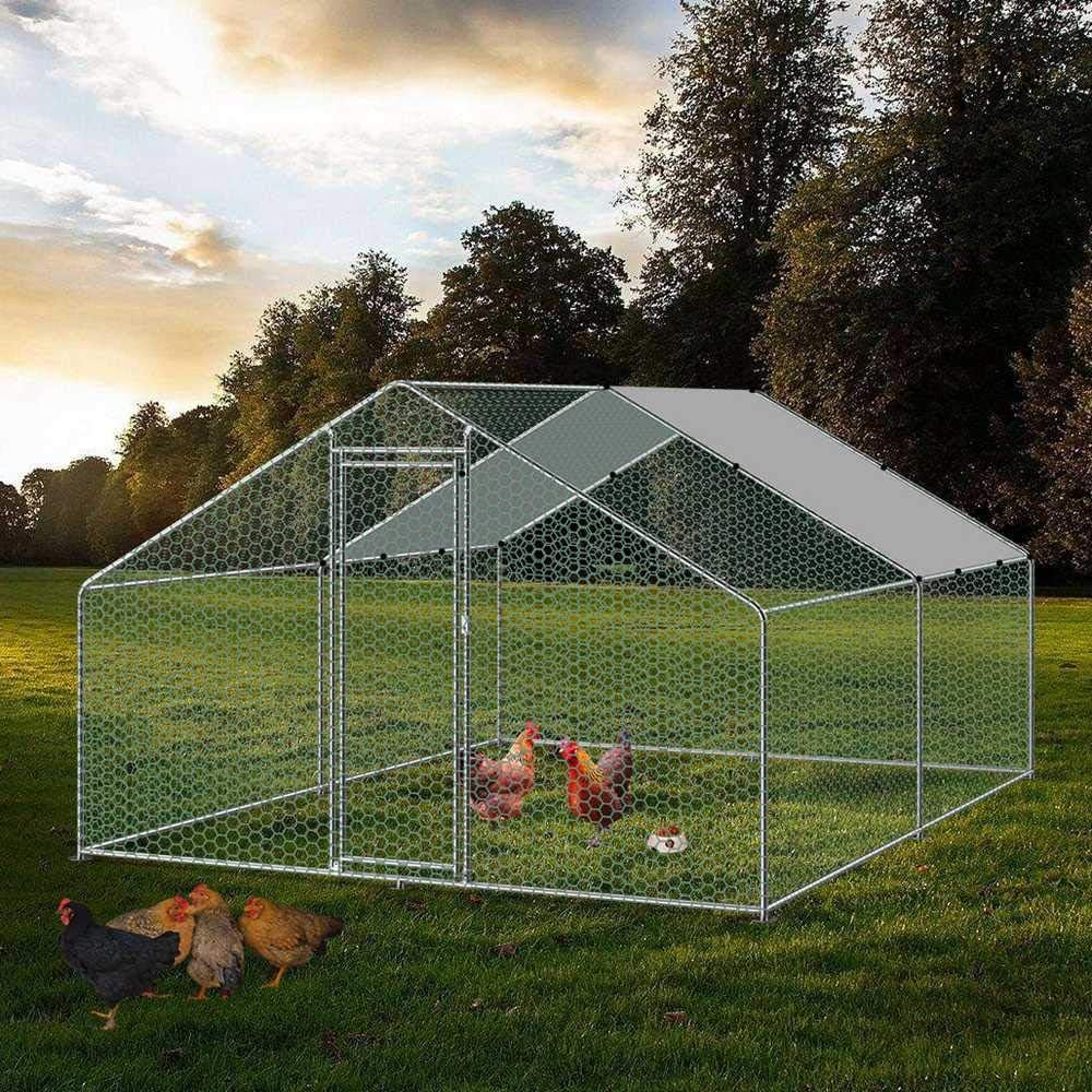 Large Chicken Coop Walk-in Metal Poultry Cage House Rabbits Habitat Cage Spire Shaped Coop with Waterproof and Anti-Ultraviolet Cover for Outdoor Backyard Farm Use (9.8 L x 13.1 W x 6.56 H)