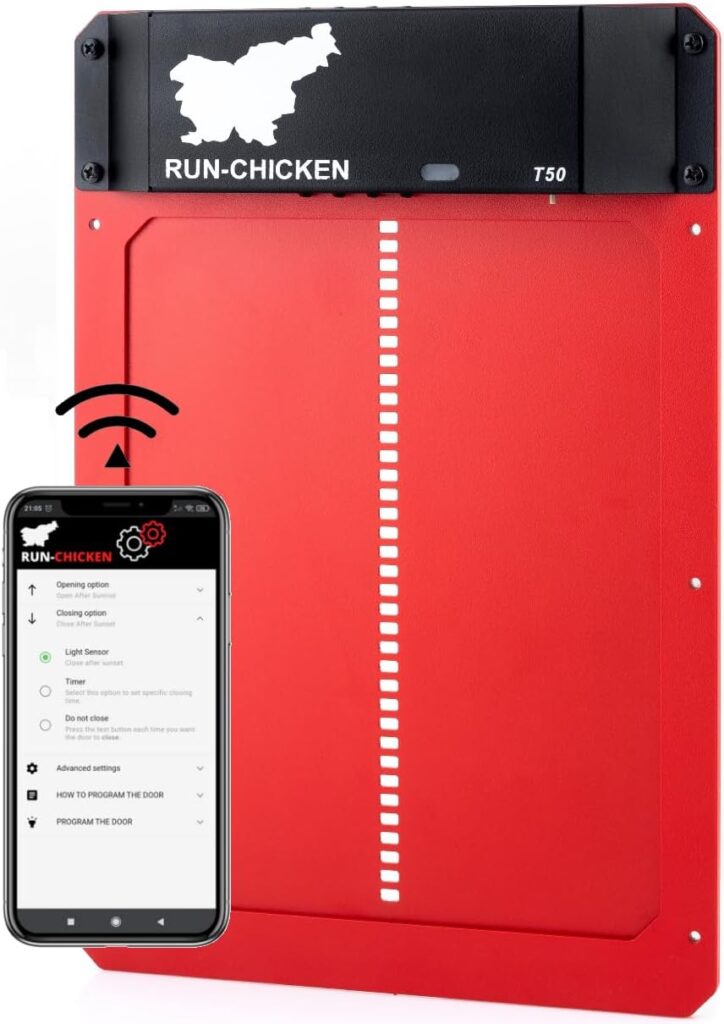 RUN-CHICKEN Door (RED) Automatic Chicken Coop Door Opener with Timer, Programmable Light Sensor, Battery Powered, Evening and Morning Delay, Aluminum Door, Automatic Chicken Door Opener Model T50