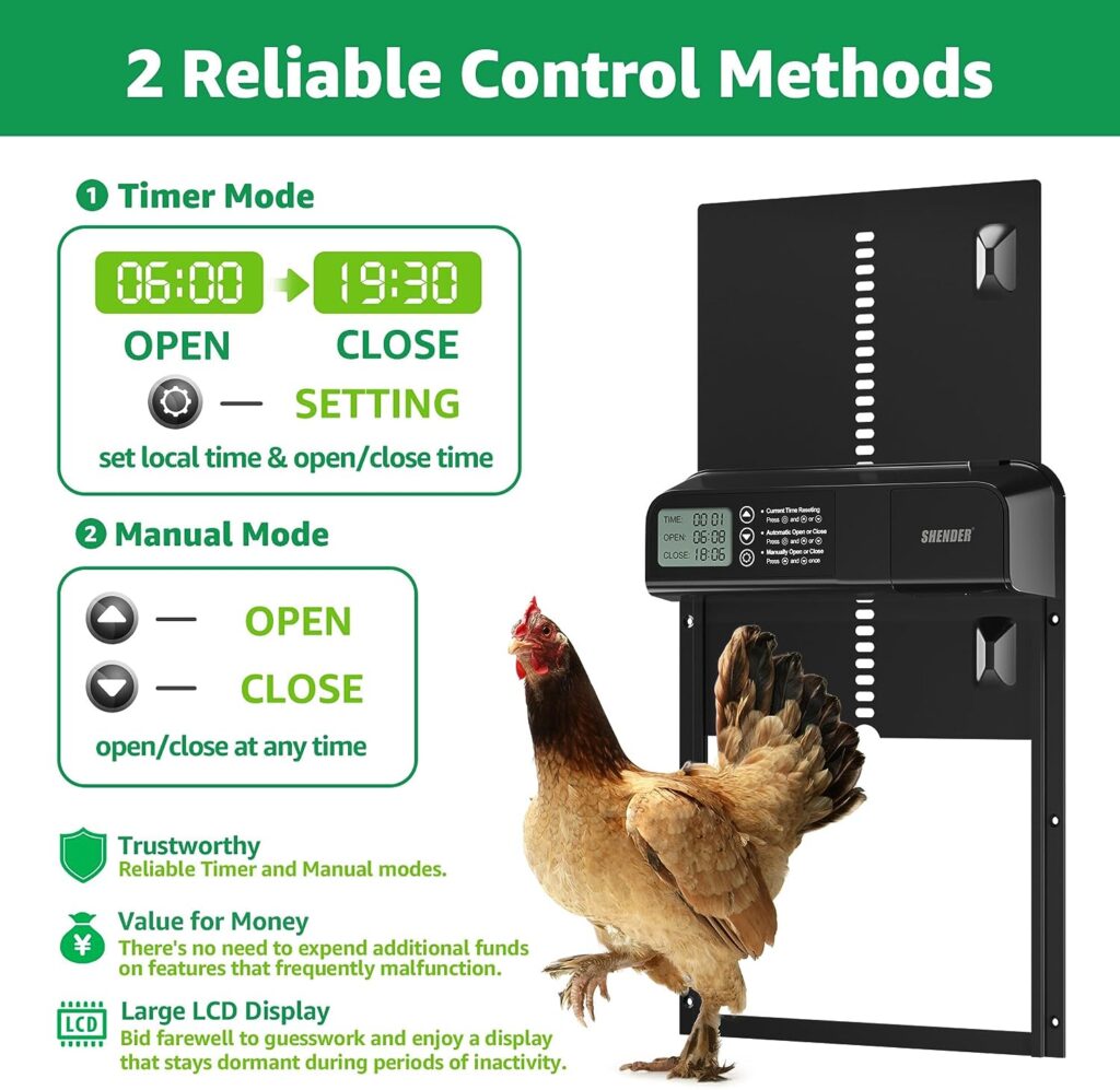 SHENDER Automatic Chicken Coop Door,Electric Auto Coop Door Opener Battery Powered Timer-Controlled Poultry Door with LCD Display,Anti-Pinch Functionality, and Durable Aluminum Design