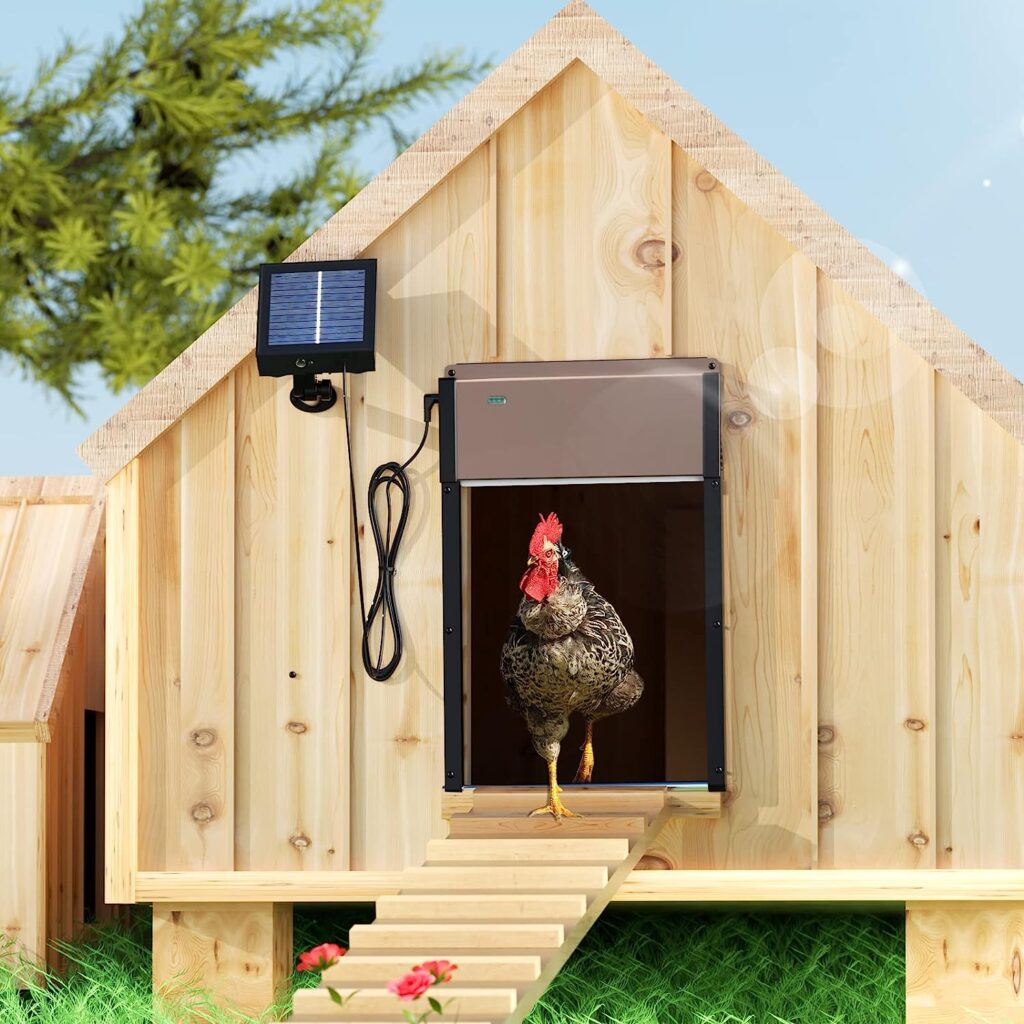 SOYESIN Solar Automatic Chicken Coop Door, Powered Opener with Timer  Light Sensor, Aluminum Coop Door with Remote Control Auto Multi-Modes, Anti-Pinch Design Coop Door for Poultry Farms