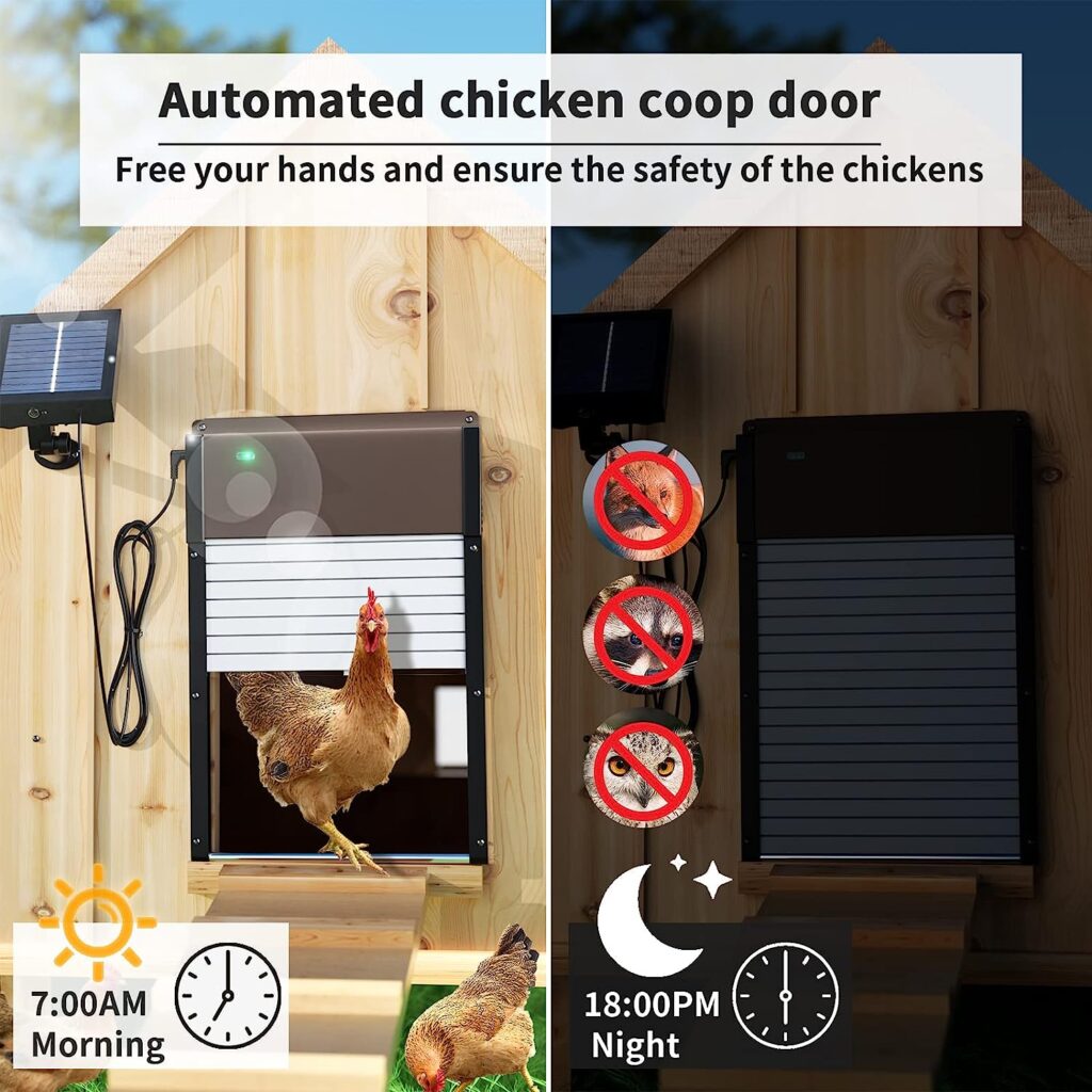 SOYESIN Solar Automatic Chicken Coop Door, Powered Opener with Timer  Light Sensor, Aluminum Coop Door with Remote Control Auto Multi-Modes, Anti-Pinch Design Coop Door for Poultry Farms